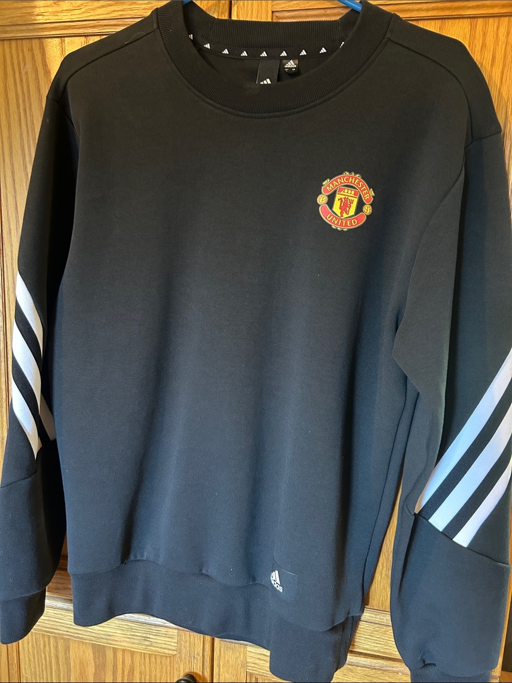 adidas Black Crewneck Sweater with White Sleeve Stripes and Red Crest